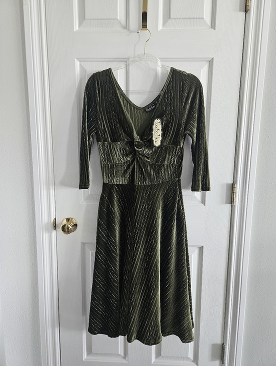 Voodoo Vixen Dresses & Skirts - NWT VooDoo Vixen Olive Velvet Embossed/Quilted Swing Dress